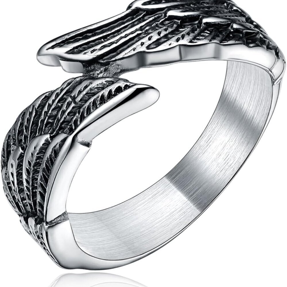 Antique Stainless Steel Ring Feather Angel Wing Cast Black Silver Band Size 4.5-